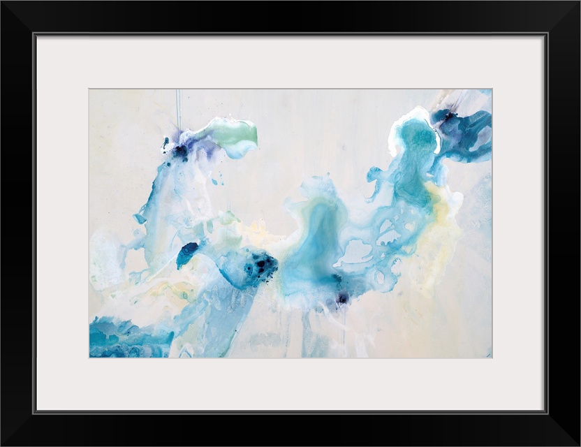 Contemporary art of swirling cool tones that resemble dye dropped in water, on a light, neutral background.