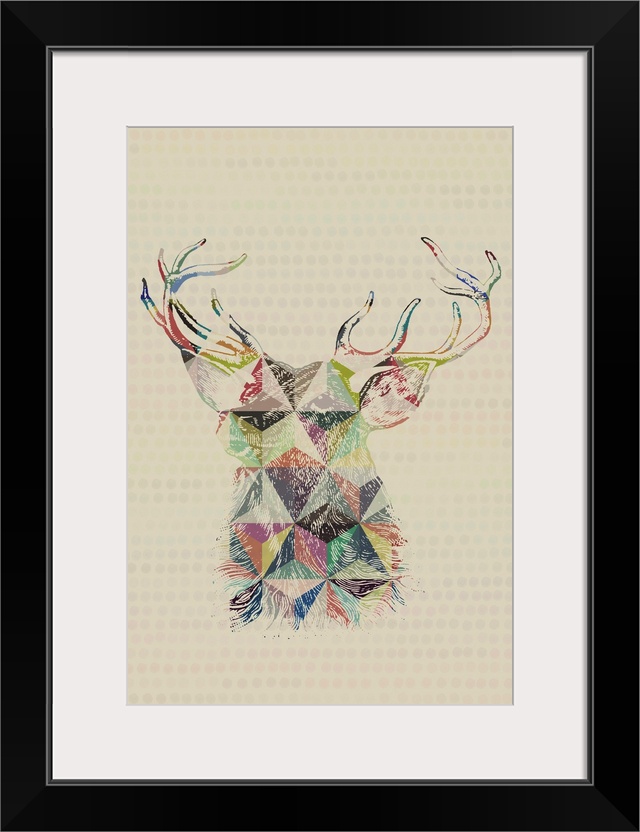 A vintage sketch drawing of a deer  with triangular geometric colored pencil accents.
