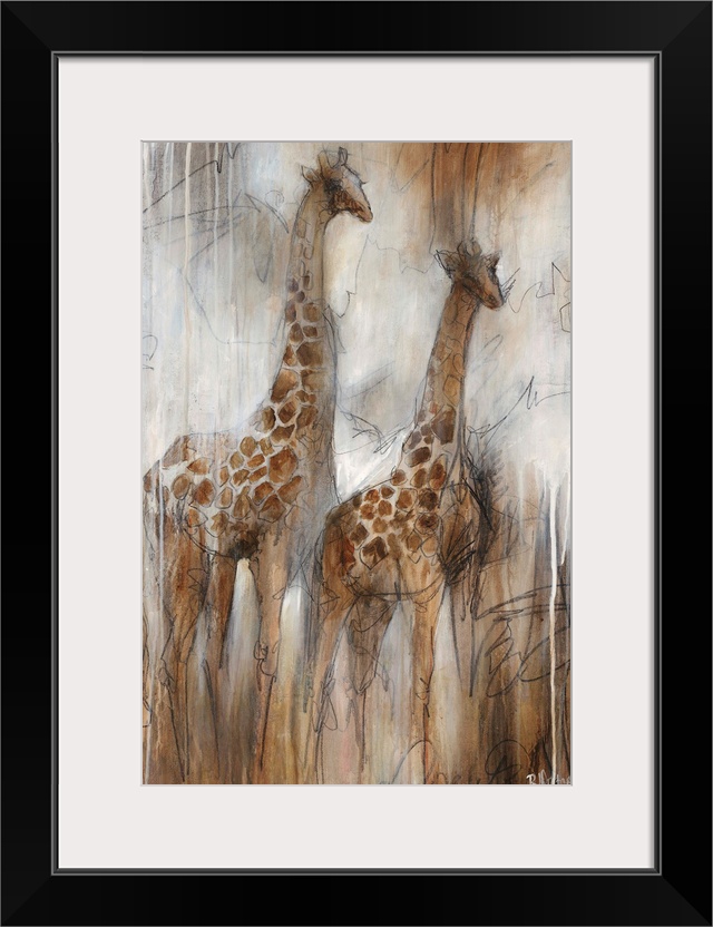 Illustrative painting of two giraffes done in varying shades of grayish-brown.