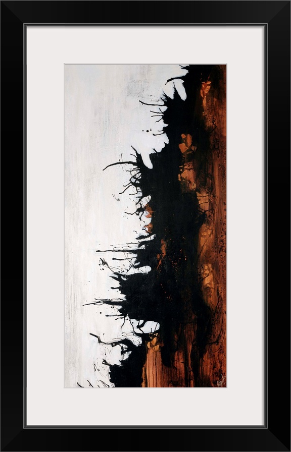 Vertical abstract painting of earth toned brushstrokes on the right with curved lines on the outside edges.