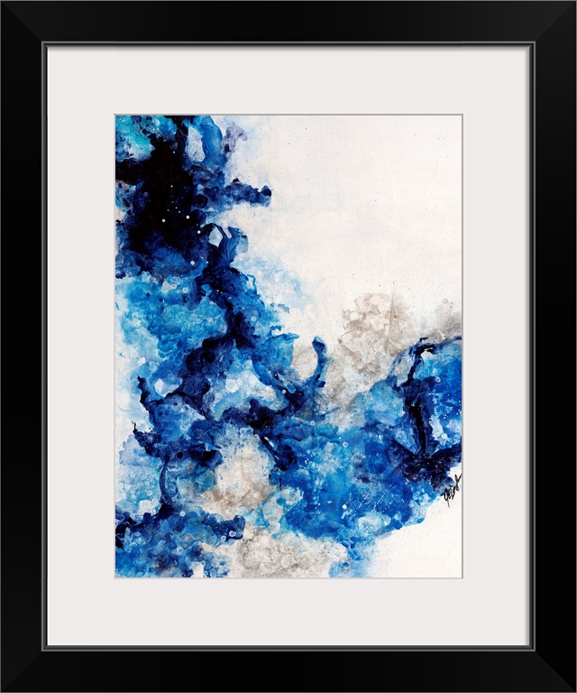 Abstract painting of a mixture of varying blue tones swirling around against a neutral background.