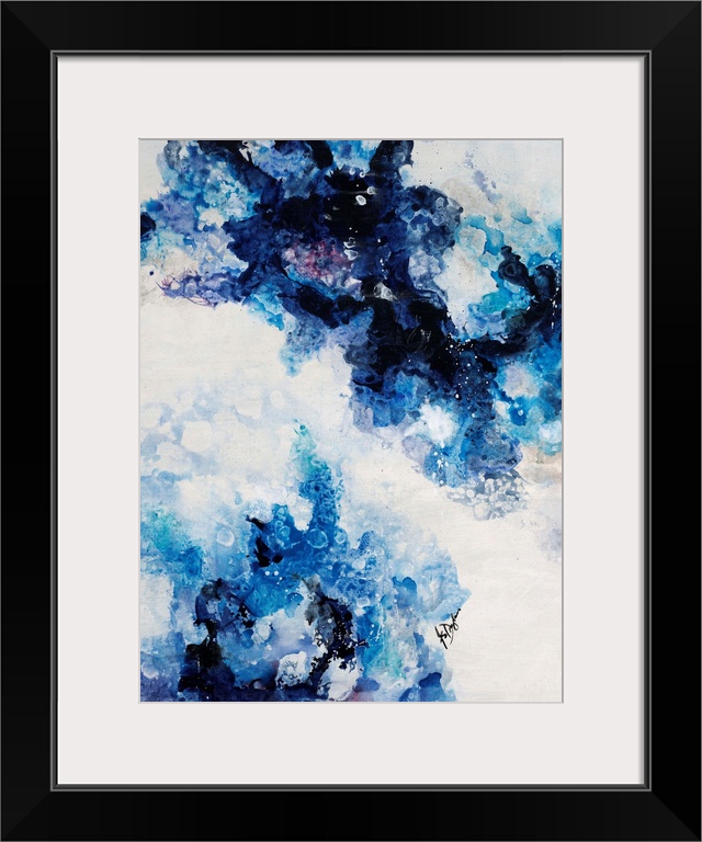 Abstract painting of a mixture of varying blue tones swirling around against a neutral background.