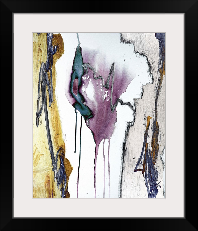 Abstract painting in textured colors of yellow, purple and gray with outlines of black and vertical drips of paint.