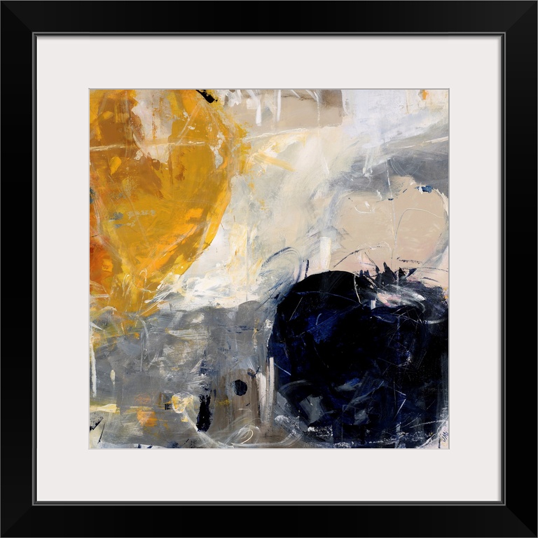 Abstract painting using bold colors forming circles in opposite corners of the image, against a background of earth tones.