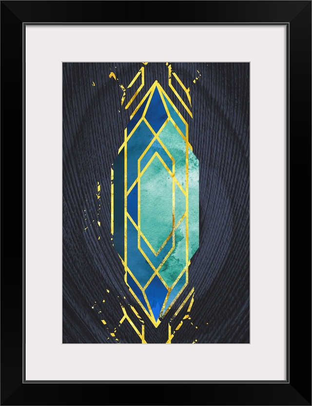 Geometric artwork in shades of blue with a golden diamond pattern on a background of dark navy blue feathers.