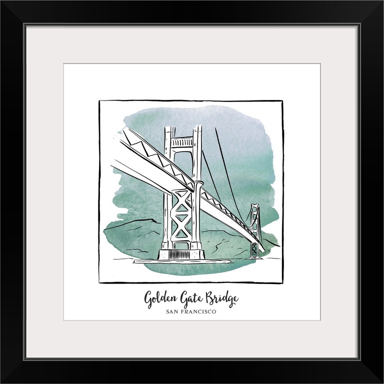 An ink illustration of the Golden Gate Bridge in San Francisco, California, with a teal watercolor wash.