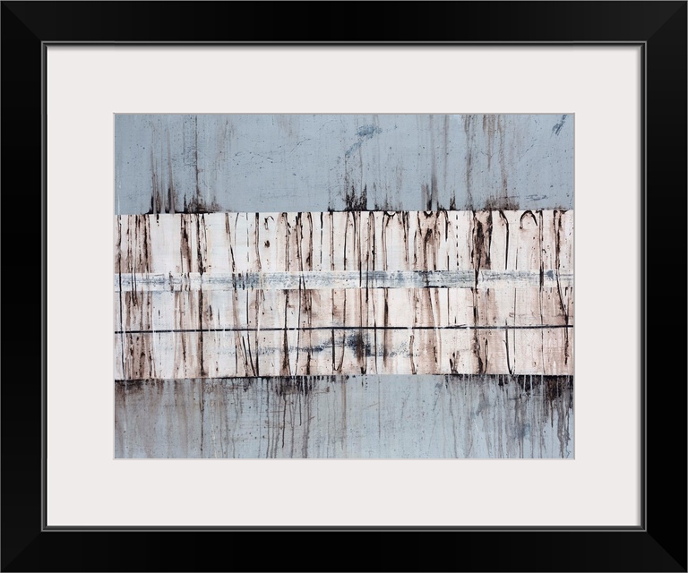 Huge abstract art includes an assortment of horizontal rectangles of varying thicknesses placed on top of each other. Arti...