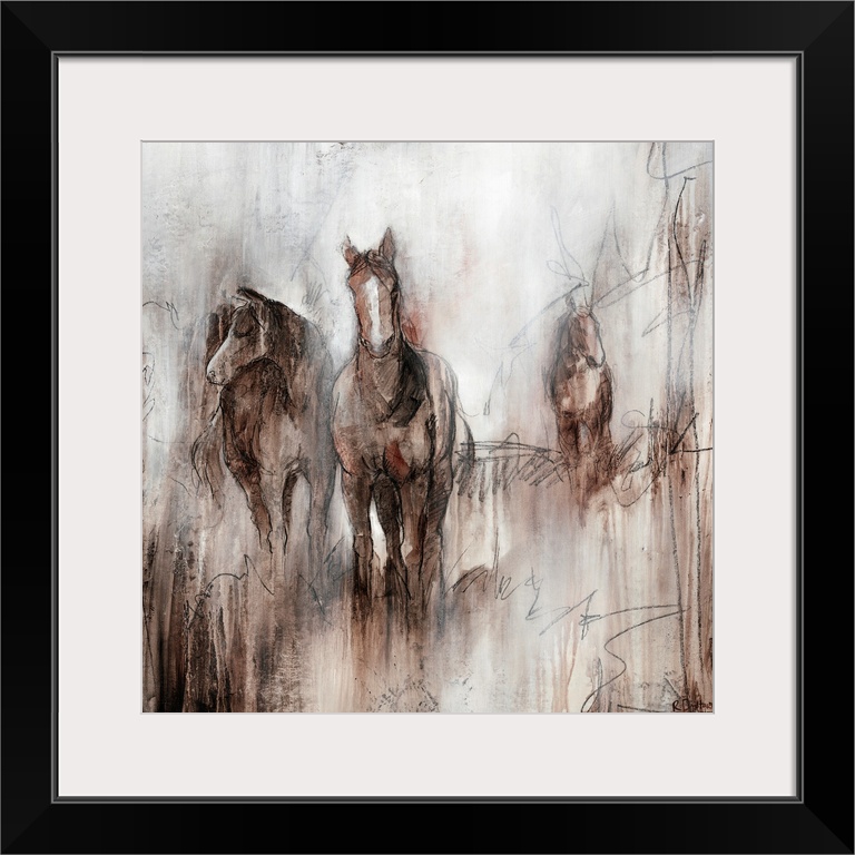 Artwork of three horses grazing together in a field of brown on an early foggy morning.