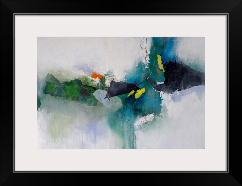 Abstract art of a cluster of dark shapes grouped horizontally with softened edges as their color fades outward onto a ligh...