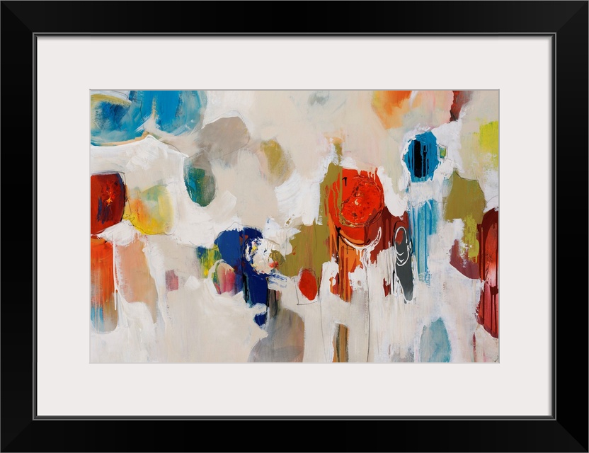 Big, colorful swirls of paint on this horizontal photograph of an abstract painting.