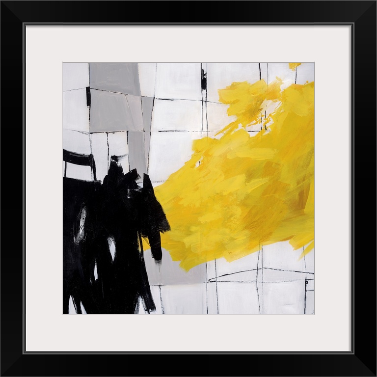 Abstract painting using bright yellow paint strokes and black paint strokes against a cracked tile looking background.