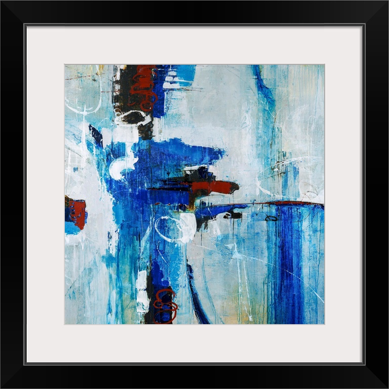 Abstract painting of bright blue brustrokes against a gray-blue background.