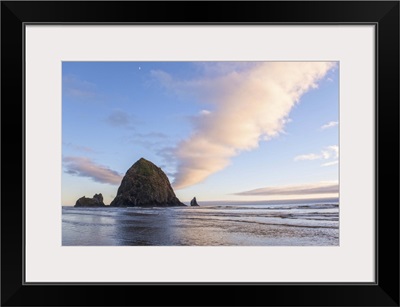 Haystack Rock at Sunset with Moon, Cannon Beach, Oregon
