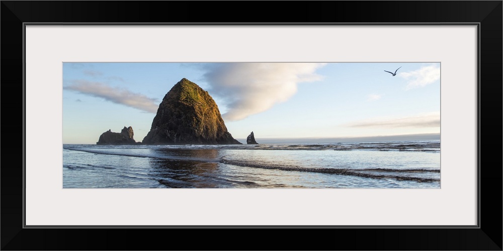 Panoramic photograph of Haystack Rock with a bird flying in the sky at Cannon Beach.