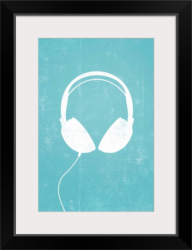 Giant, vertical retro art of a white silhouette of a pair of headphones with a thin cord attached to one, on a single colo...