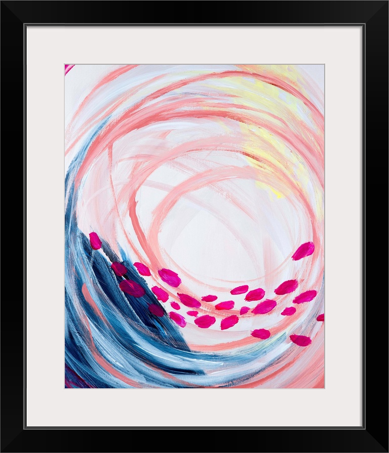 Contemporary abstract painting in vivid rainbow colors, swirling in the center, with a row of pink dots.