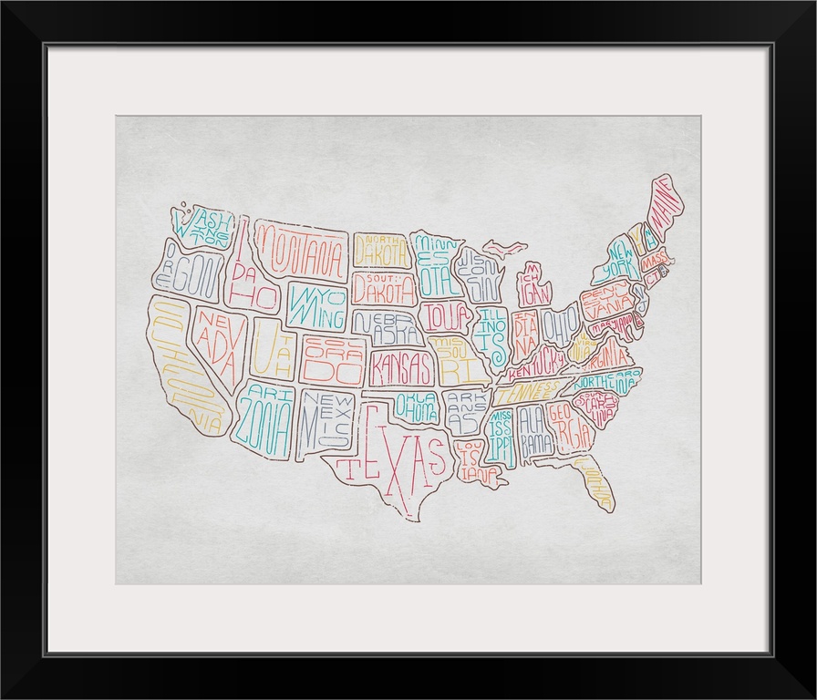 Continental map of the United States with the names of the states in a handwritten style.