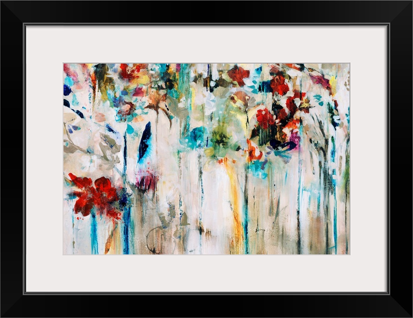 Abstracted painting of flowers done in brilliant colors set against a neutral background.