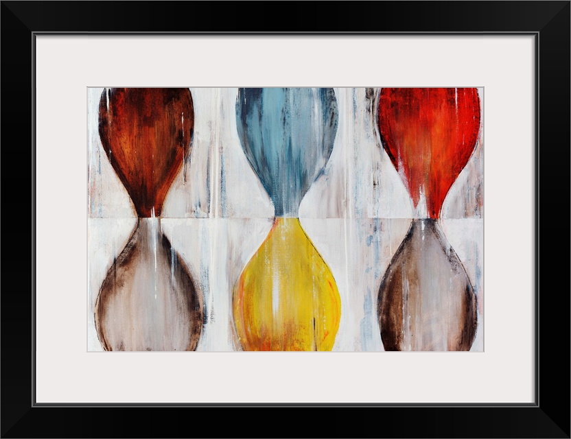 Various hourglass shapes done in contrasting colors on top of a neutral background.