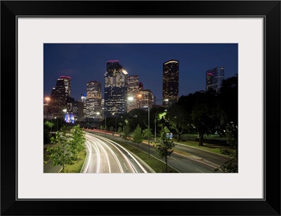 Houston TX Skyline at Night with Light Trails
