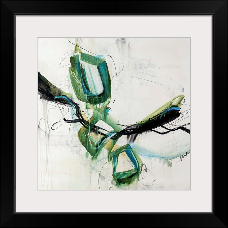 Abstract art of three large circles that are vertically stacked, surrounded by swirling scribbles and brush strokes in var...