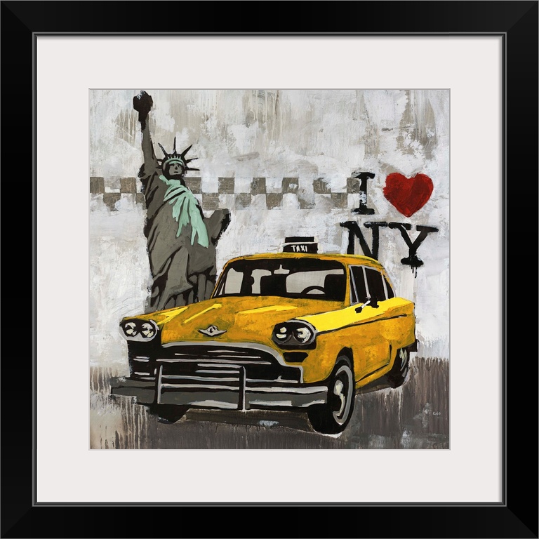 Contemporary painting of a taxi cab in front of the State of Liberty with an "I love New York" logo in the background.