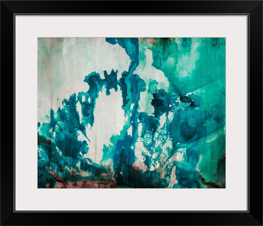 Abstract painting of bright aqua-colored shapes over a muted background.