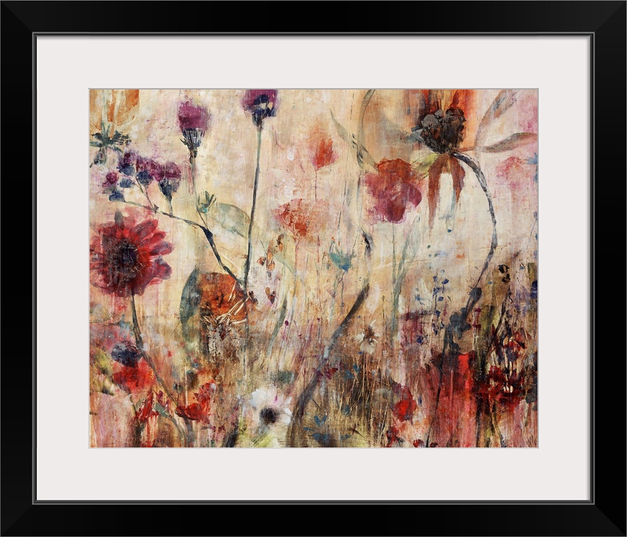 Contemporary abstract painting of wildflowers with grungy textures on canvas.