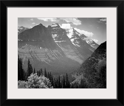 In Glacier National Park, Valley, Snow Covered Mountains In Background