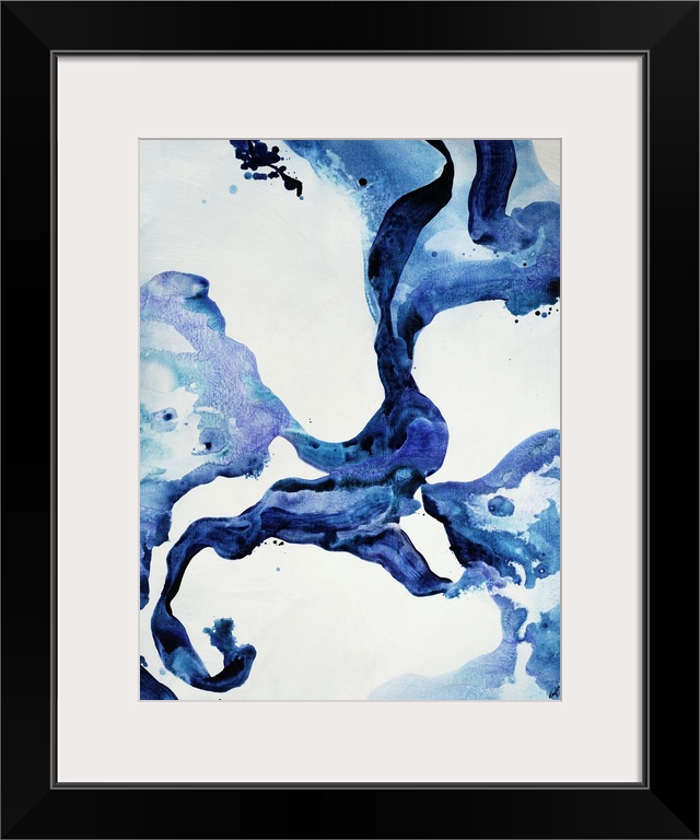 Contemporary abstract painting featuring fluid and curvaceous shapes done in varying shades of indigo blue.