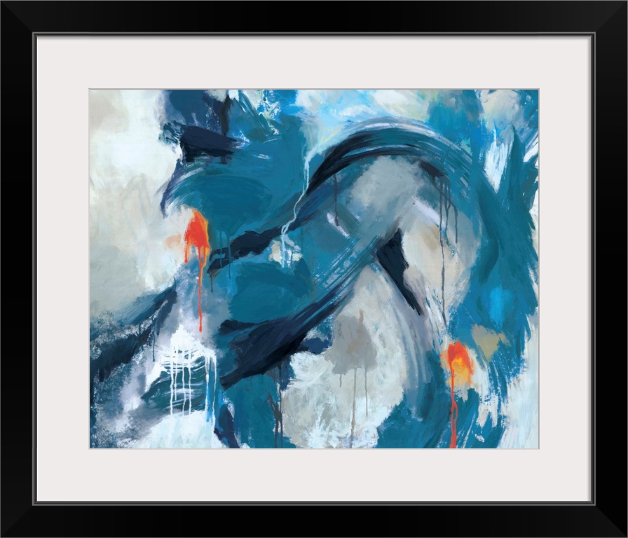 Contemporary abstract artwork in swirling blue and black shades.