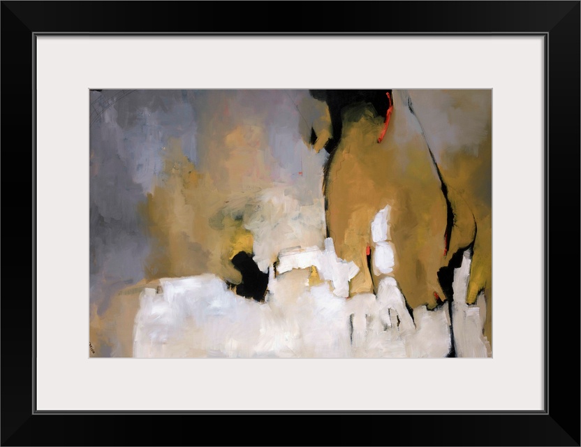 This horizontal abstract painting is rendered with brush strokes implying shapes, depth, and a light source.