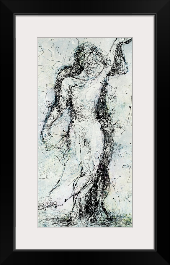 Abstract figurative painting of a couple embracing, reminiscent of two statues in front of one another.