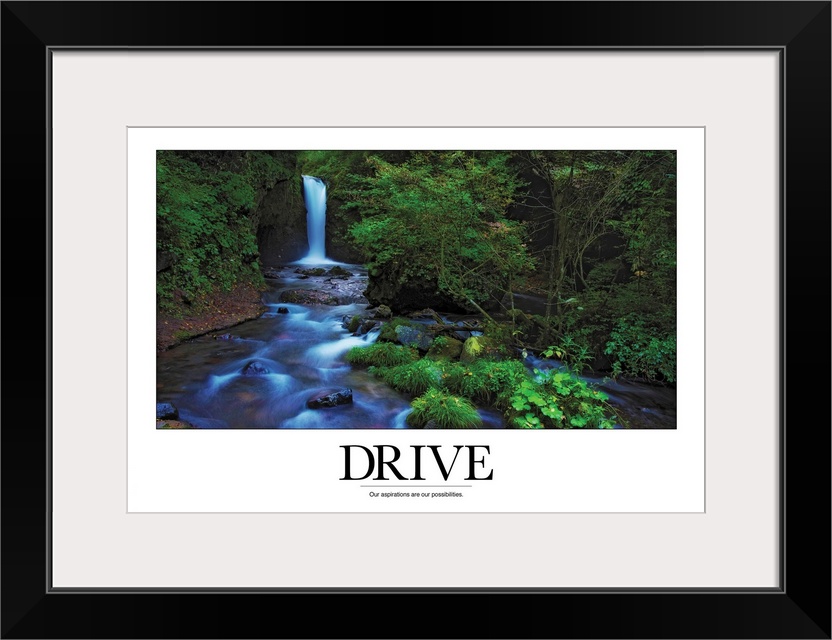 A simple poster with a message of inspiration shows a waterfall and stream in a North American forest in the summer.