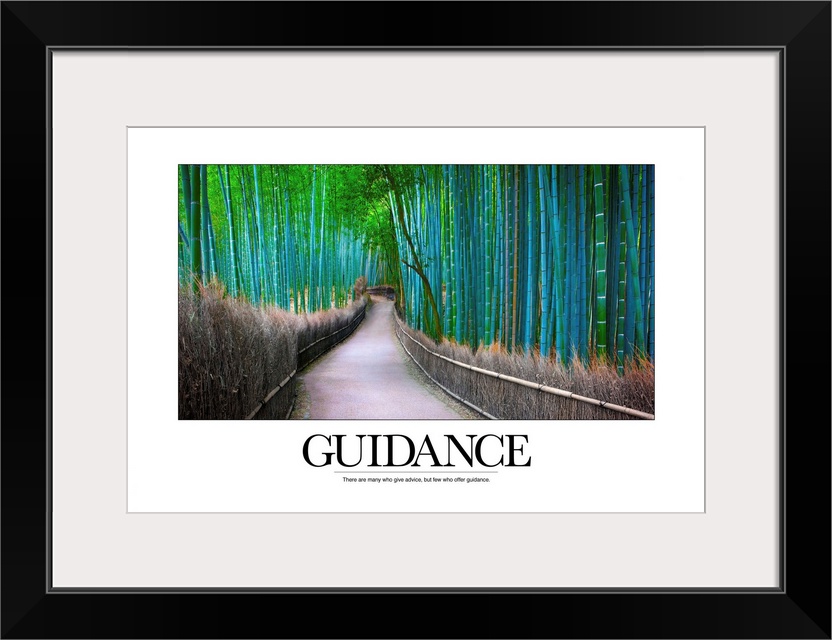 Big inspirational canvas of a bamboo forest with a pathway going through it and a saying about guidance beneath it.