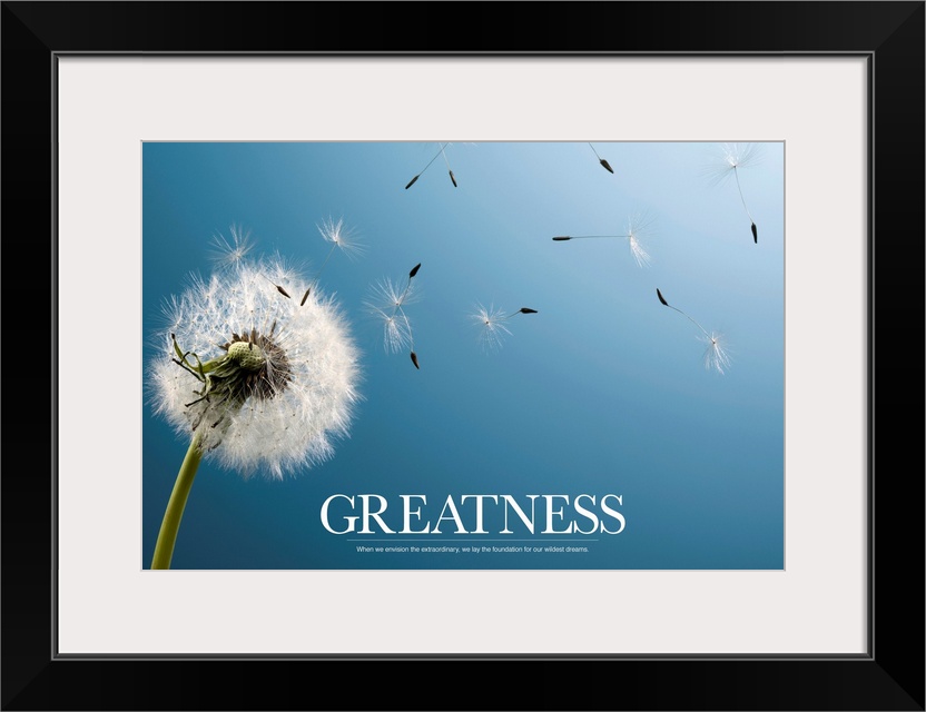 Large canvas art showcases the seed pods of a lone dandelion flower blowing in wind.  At the bottom of this photograph, th...