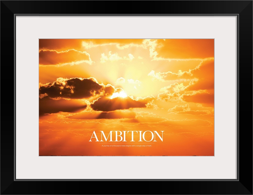 Large print of a vividly warm sunset with the sun shining through clouds and text underneath it.