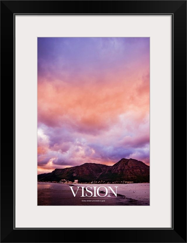 Big, vertical, inspirational wall hanging of a photograph of a pastel sky full of fluff, billowing clouds, above a mountai...