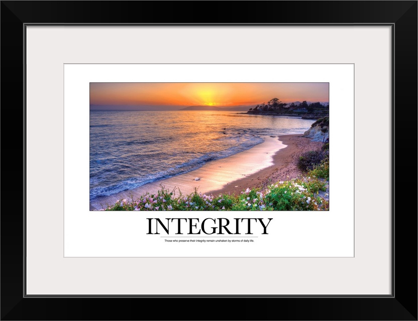 Oversized, landscape photograph of a shoreline at sunset, surrounded by a large white border.  Under the image reads "Inte...
