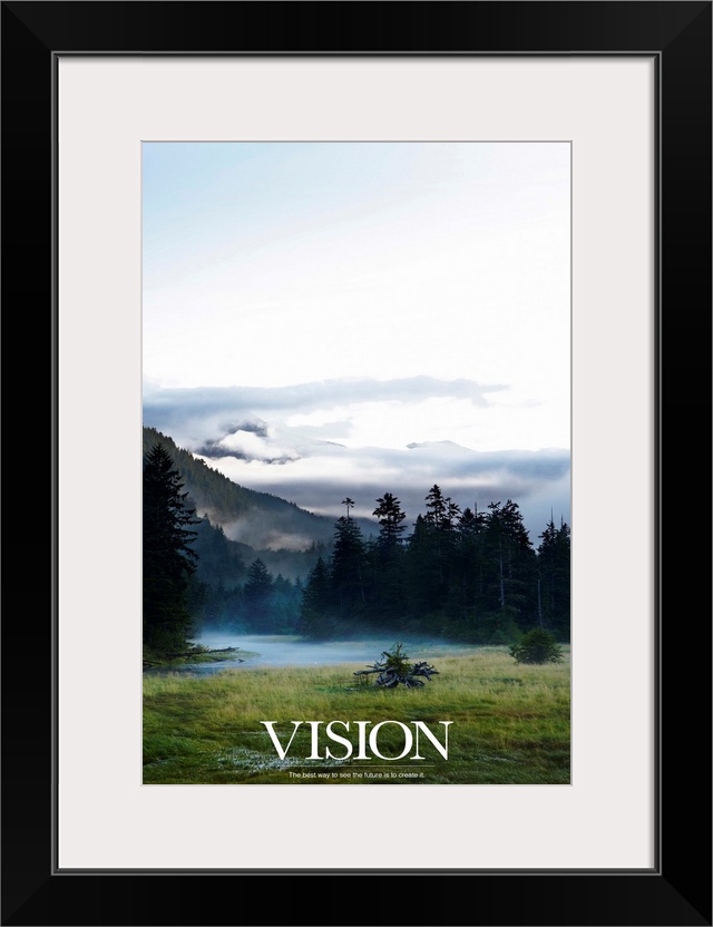 Big, vertical inspirational wall hanging of an open sky above a misty mountain scene, text at the bottom reads "Vision: Th...