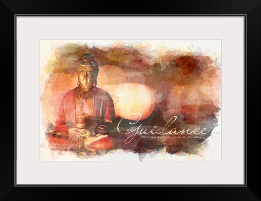 Watercolor-style image of a Buddha statue bathed in warm light with an inspirational quotation.