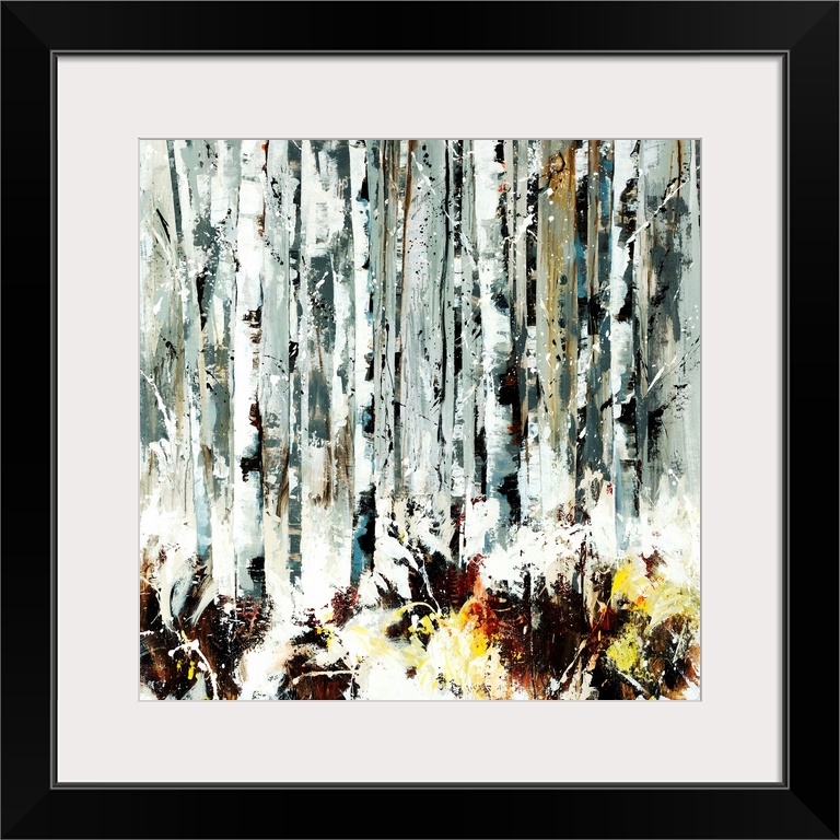 Abstracted painting of birch trees done in various shades of gray.