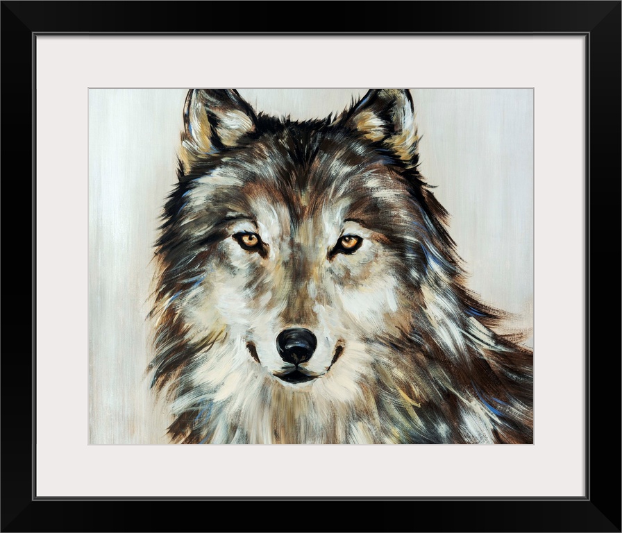 Portrait of a wolf painted in various earth tones.