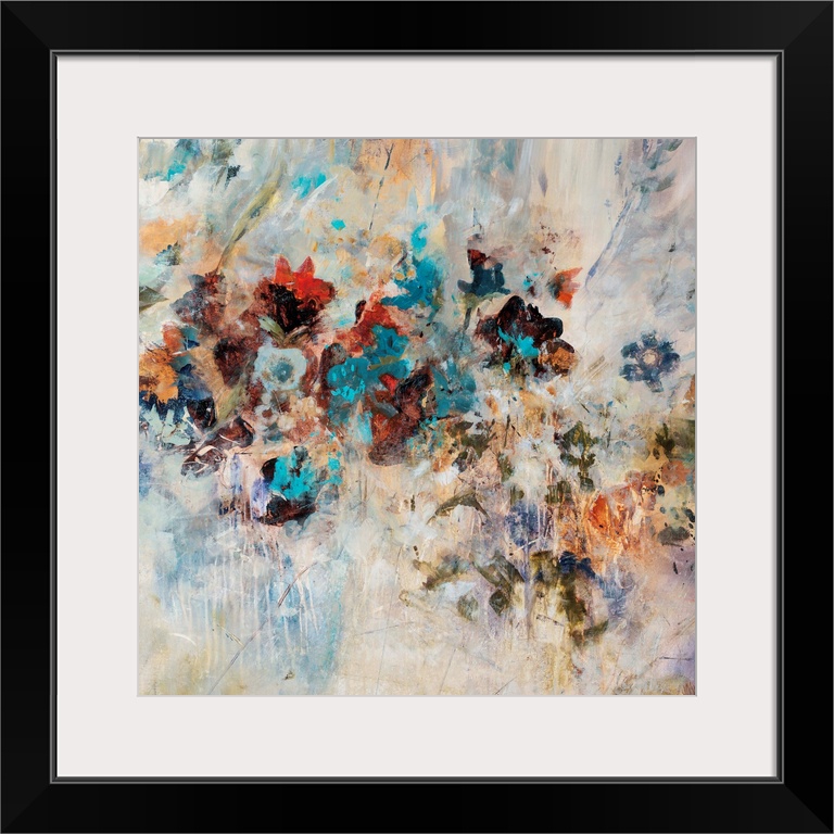 Abstract art piece of flowers pushing through the textured cream background.