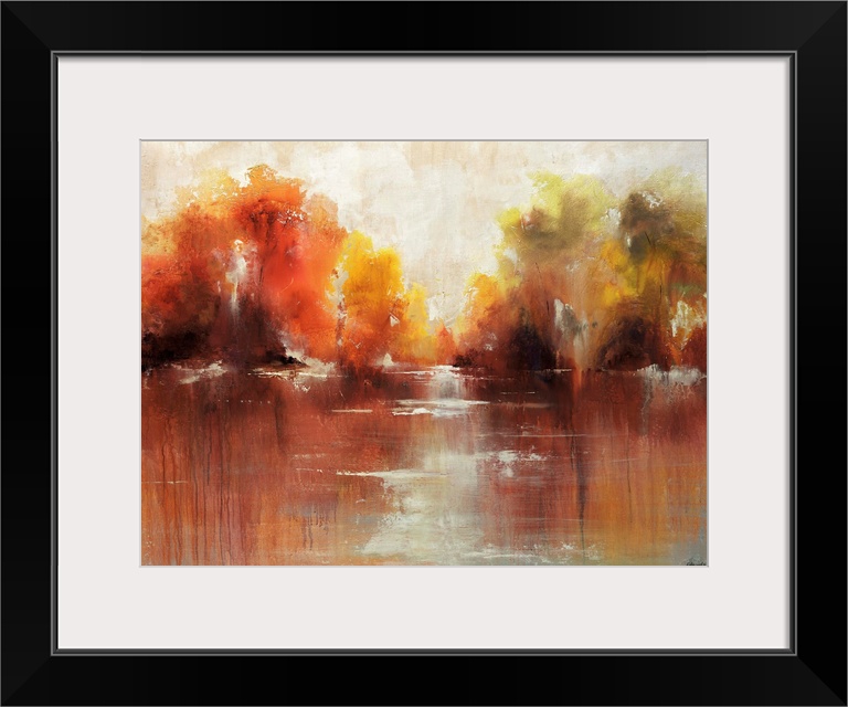 Contemporary, decorative wall art of an abstract painting that is reminiscent of autumn shrubs reflecting in the surface o...