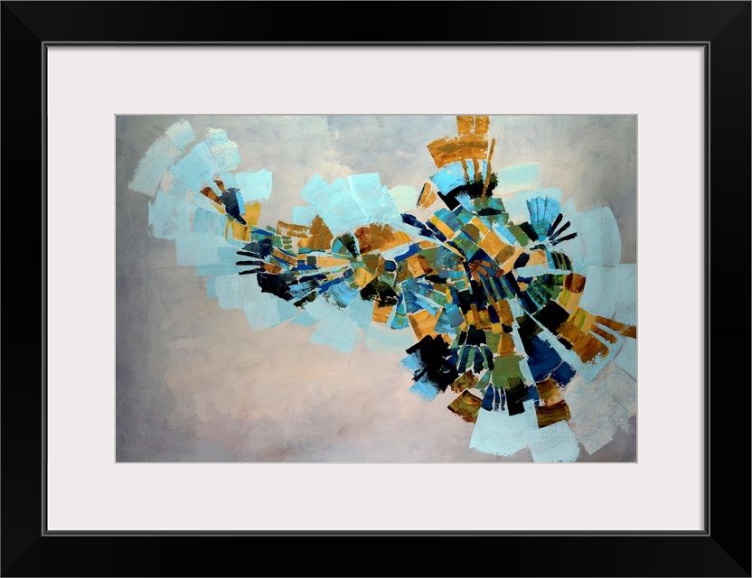 Fan like shapes radiate outward in this abstract painting on a horizontal wall hanging for the office of home.