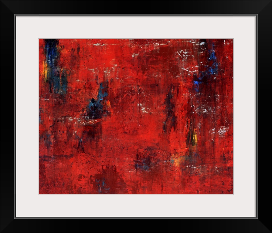 Abstract painting featuring shades of red and maroon with swipes of blue and yellow.