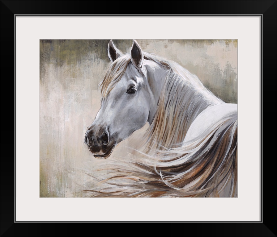 Contemporary painting of a white horse and its flowing mane in front of a neutral background.