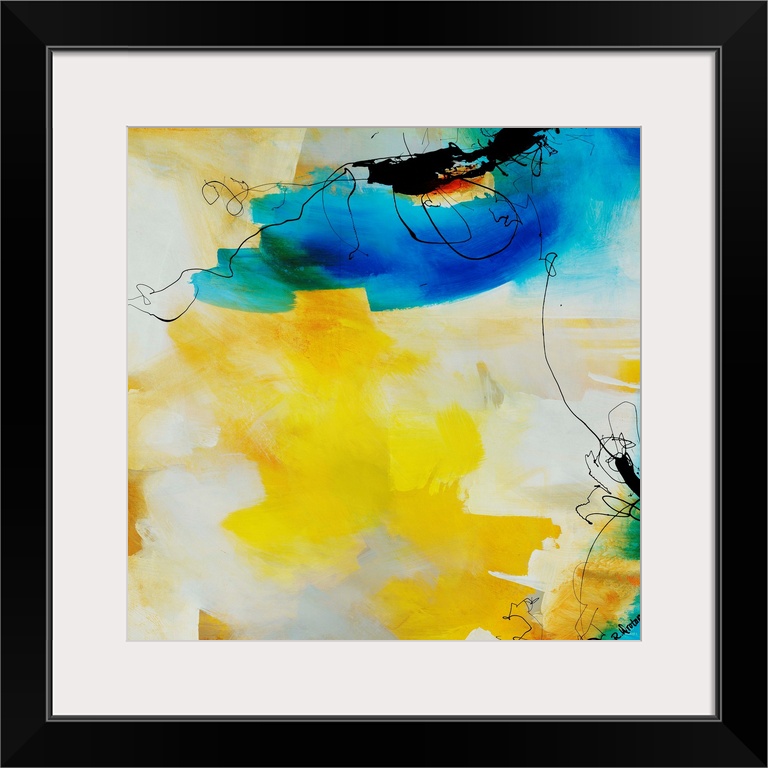 Abstract painting of fluid black lines overtop of vibrant yellow and blue brushstrokes.