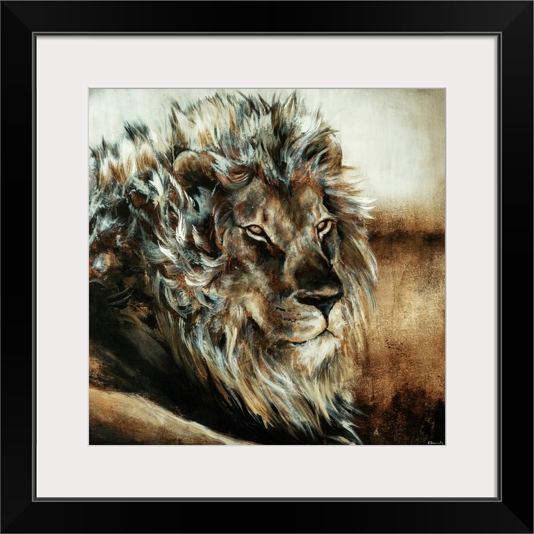 Oversized, square, fine art painting of the upper half of a male lion, using wispy brush strokes.